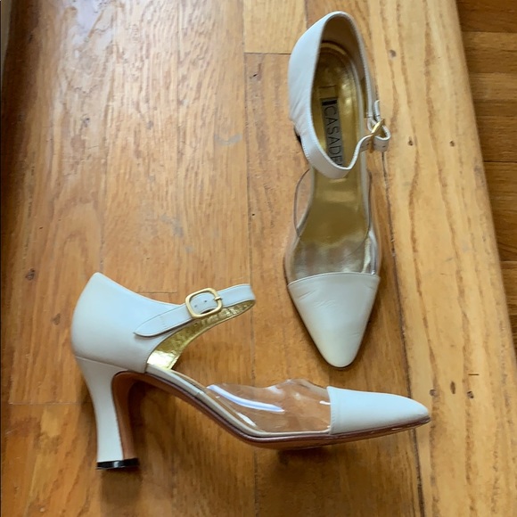 Casadei Ivory Leather & Vinyl Ankle Strap Shoe 7.5